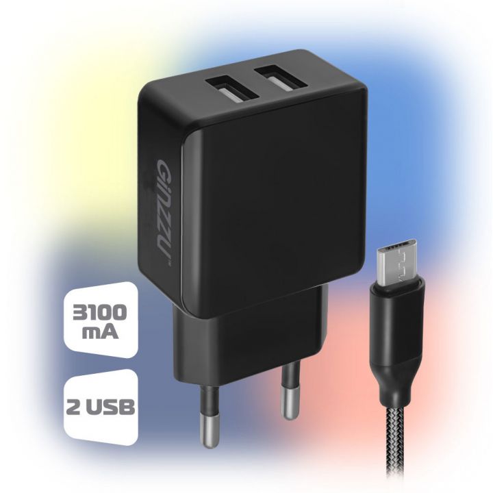 Зарядное устройство Ginzzu 2xUSB 3.1A Black + кабель micro-USB 1.0m GA-3312UB